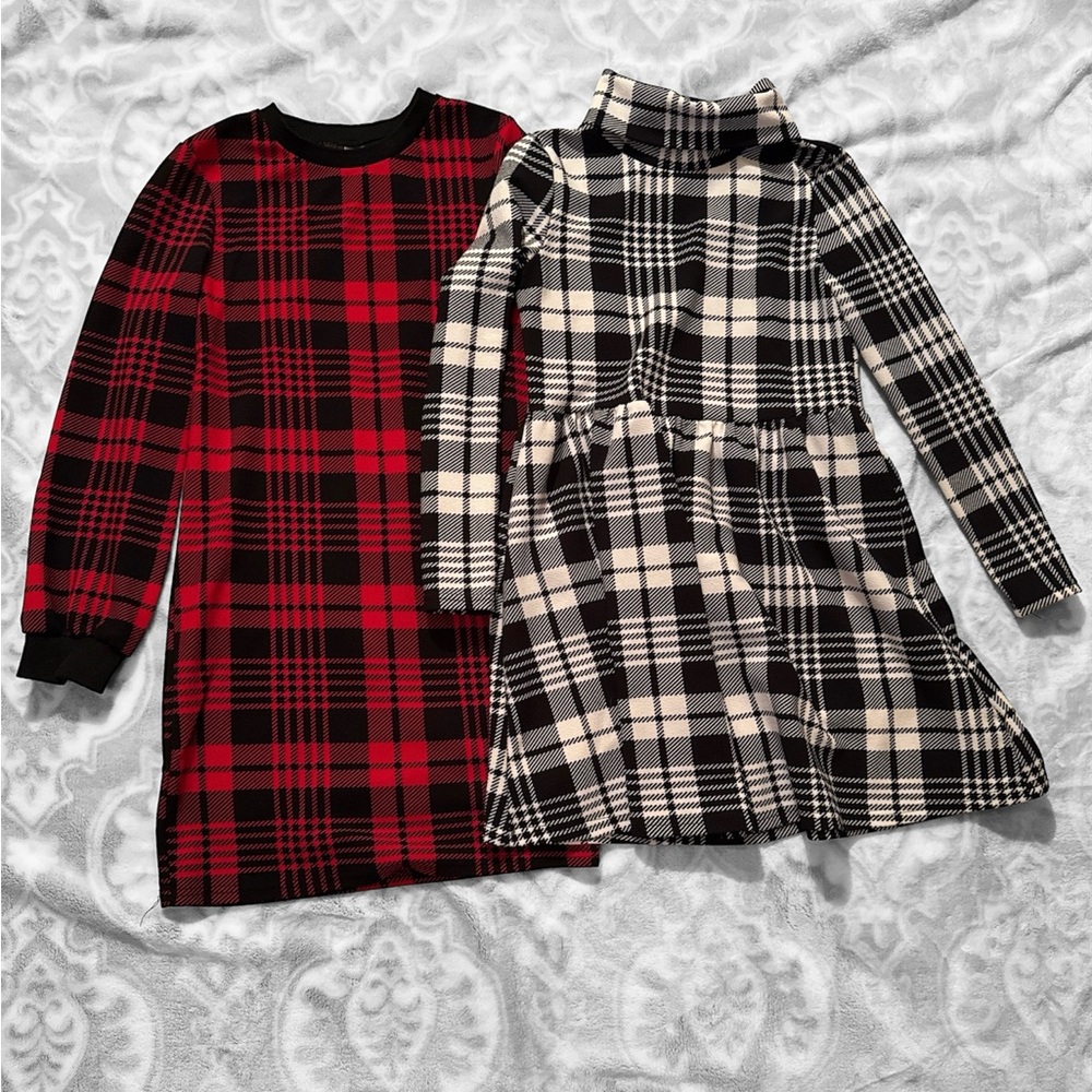 Plaid Long Sleeve Dresses - Red and Black, Black and White kids size10-12 y